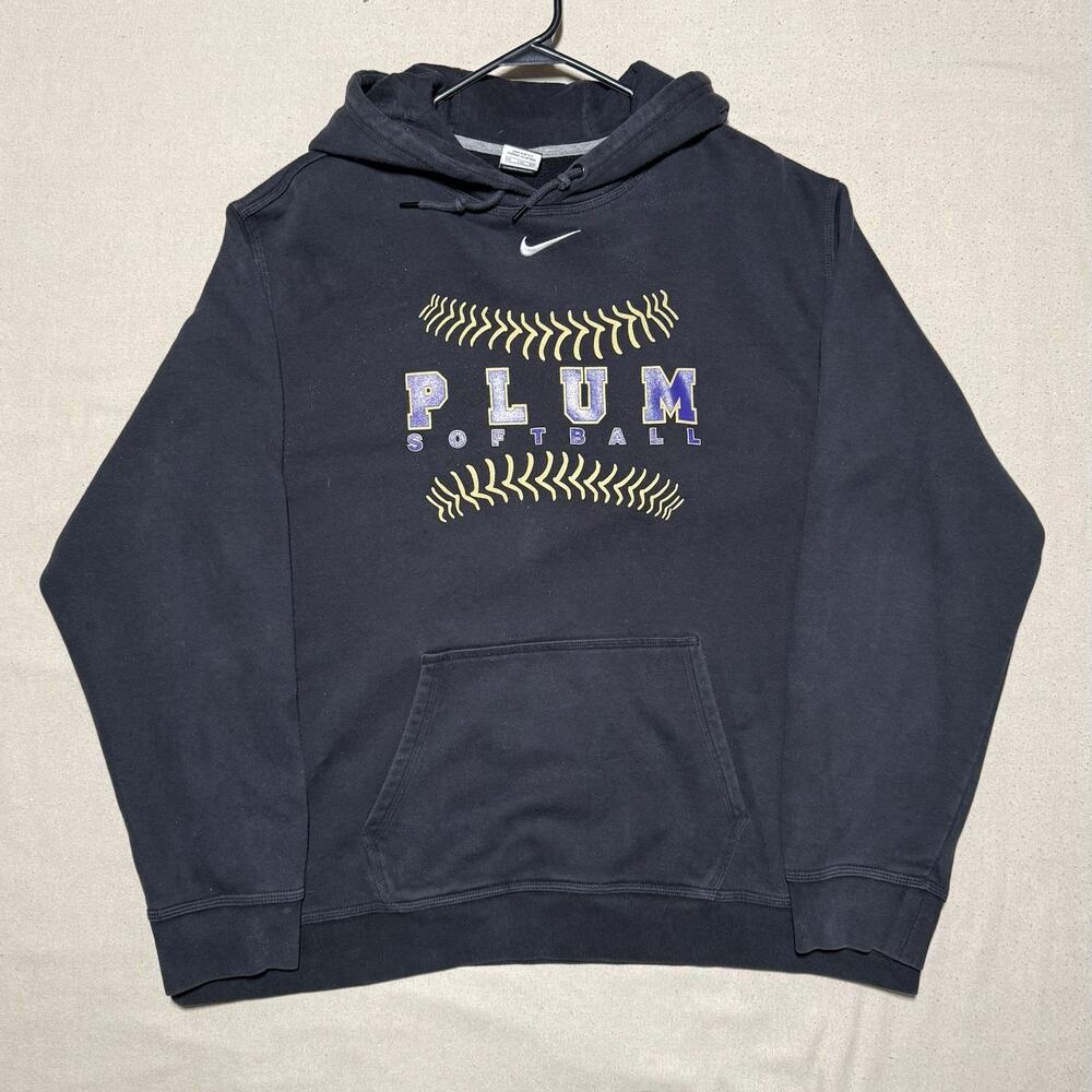 Vintage Nike Center Swoosh Hoodie Mens XXL Black Distressed Y2K Plum Softball